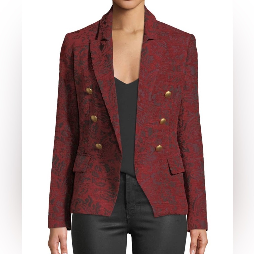 L'Agence Kenzie Blazer Red Floral Jacquard Double Breasted Gold Button 2